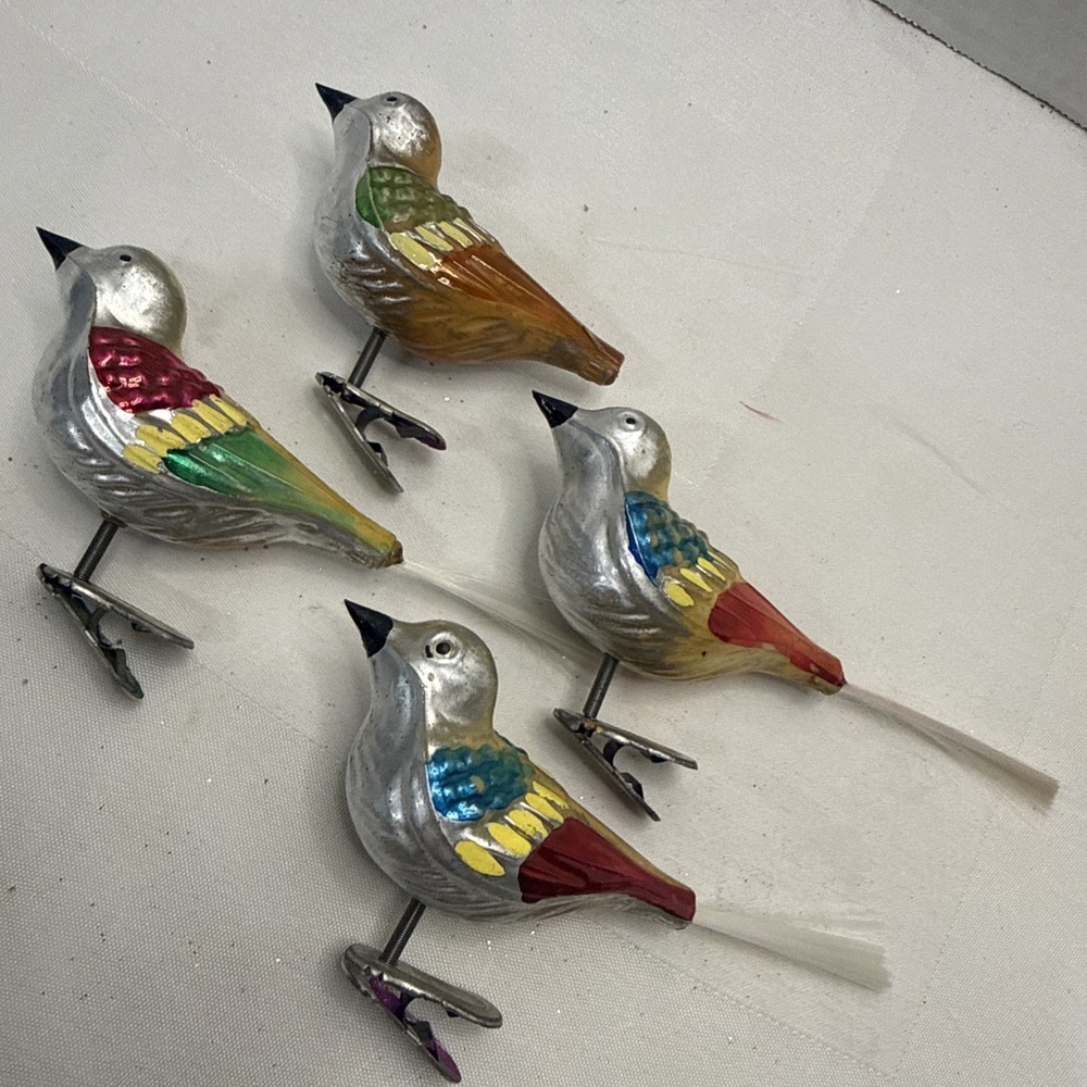 VTG Silver Mercury Glass Clip on Bird Christmas Ornaments Spun Glass Tail 4 MCM